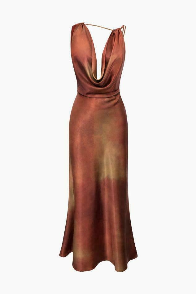 Y2K Fashion: Tie Dye Asymmetric Cowl Neck Satin Maxi Dress - Co