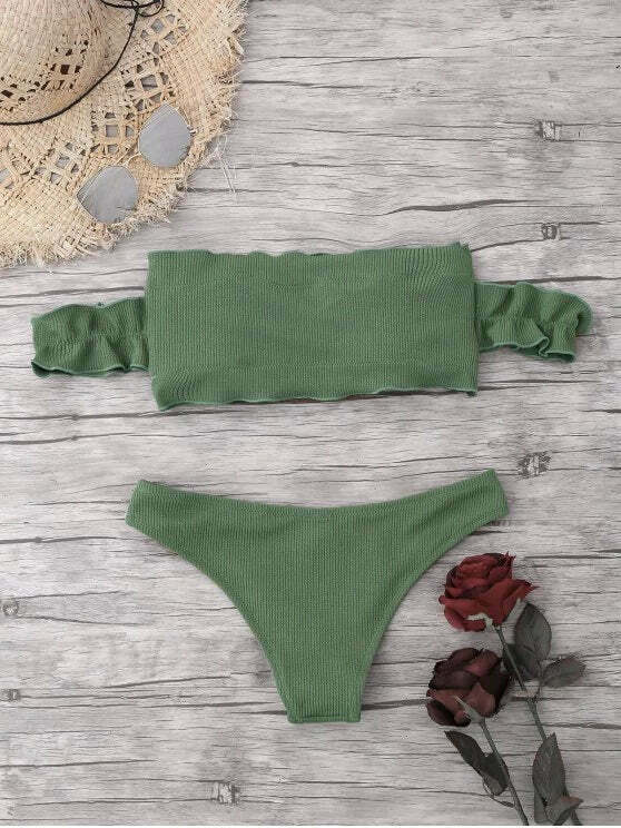 Y2K Fashion Trend: Off-Shoulder Ruffles Ribbed Bikini - Grunge & Coquette Aesthetic Swimwear