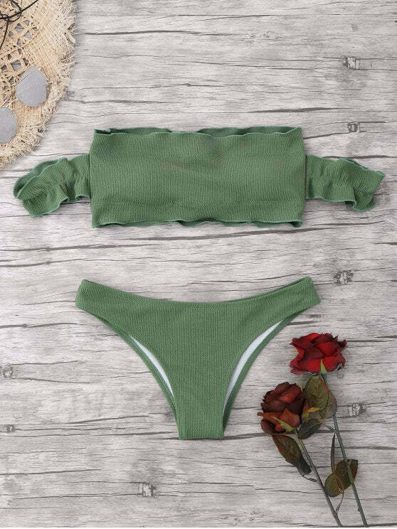 Y2K Fashion Trend: Off-Shoulder Ruffles Ribbed Bikini - Grunge & Coquette Aesthetic Swimwear