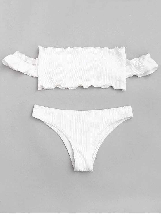 Y2K Fashion Trend: Off-Shoulder Ruffles Ribbed Bikini - Grunge & Coquette Aesthetic Swimwear