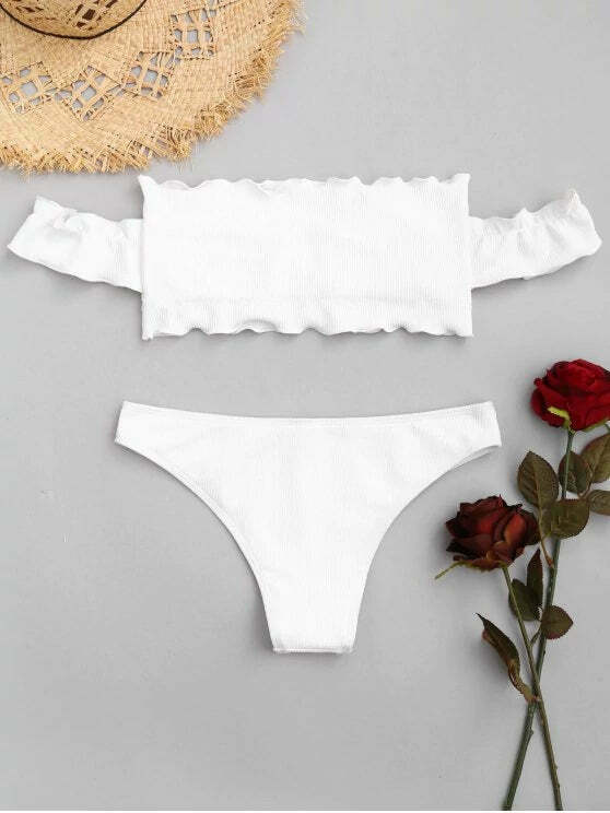 Y2K Fashion Trend: Off-Shoulder Ruffles Ribbed Bikini - Grunge & Coquette Aesthetic Swimwear