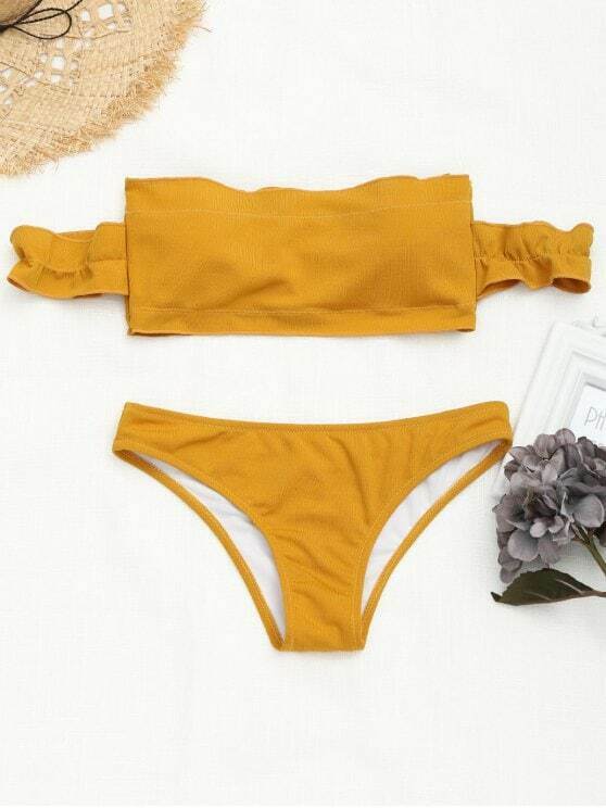 Y2K Fashion Trend: Off-Shoulder Ruffles Ribbed Bikini - Grunge & Coquette Aesthetic Swimwear