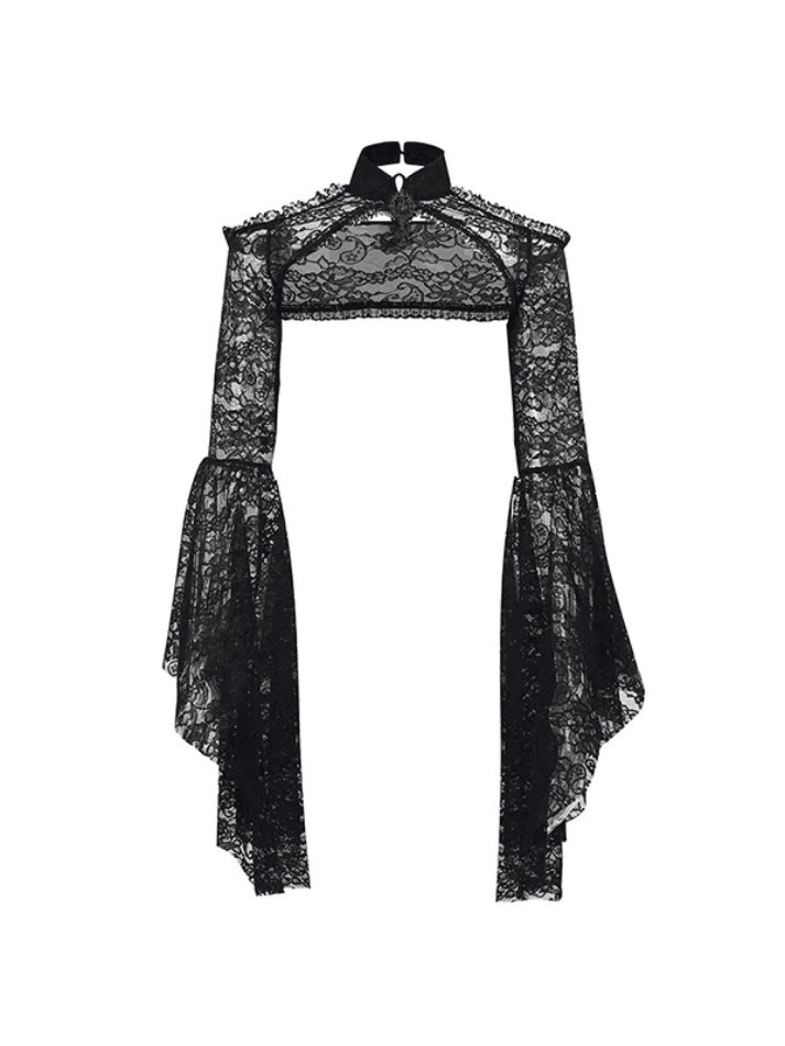 Y2K Fashion Trumpet Sleeve Stand Collar Lace Knit Top for Coquette and Grunge Aesthetic Outfits
