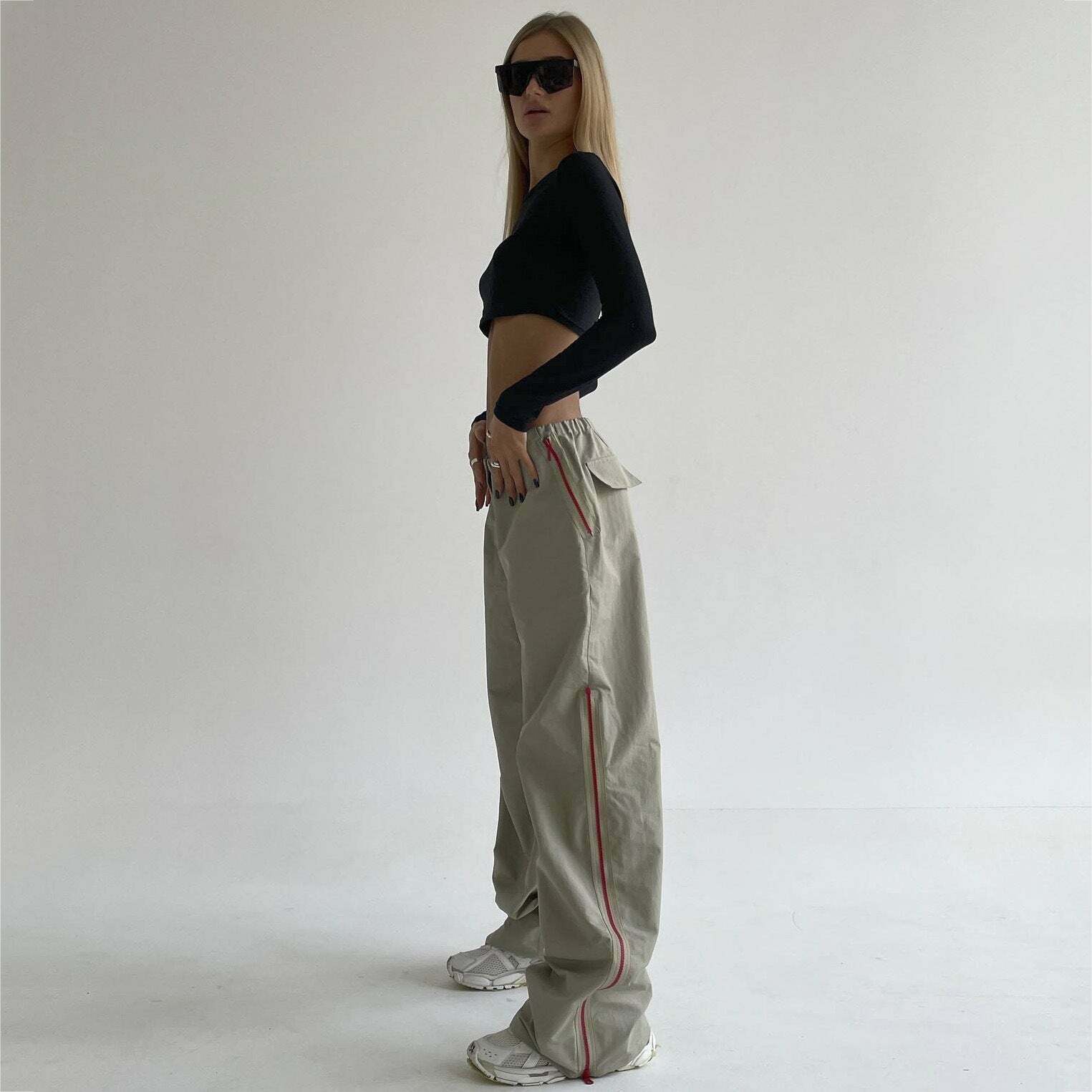 Y2K Fashion Urban Style Draped Wide-Leg Pants with Zipper Detail