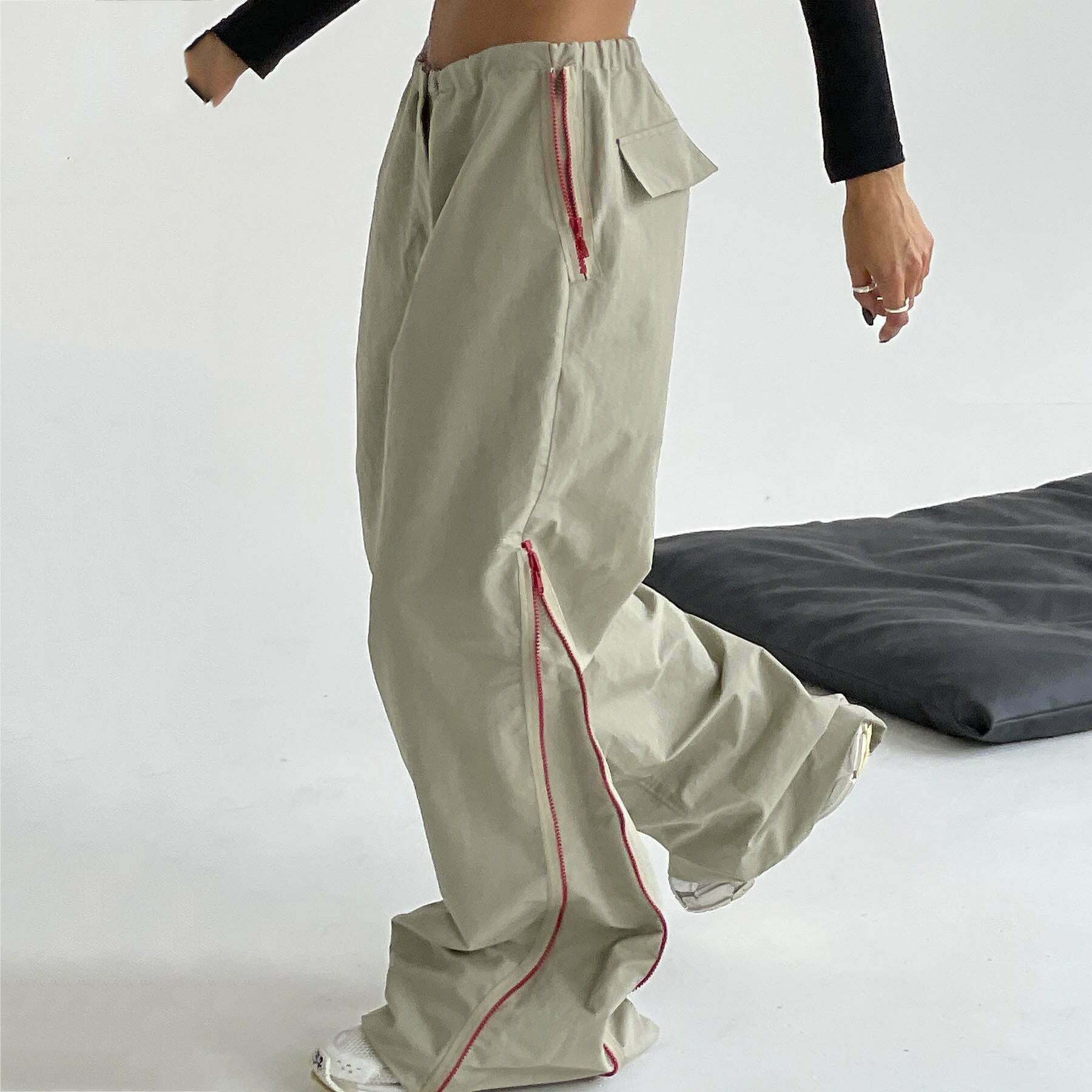 Y2K Fashion Urban Style Draped Wide-Leg Pants with Zipper Detail