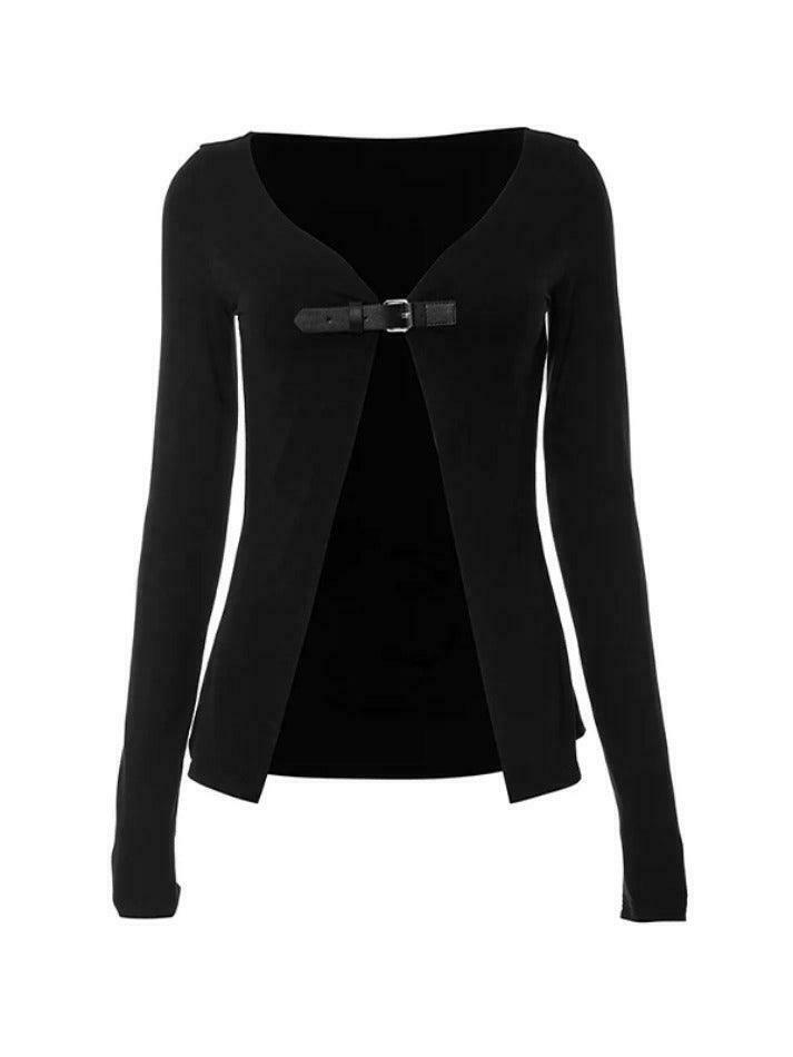 Y2K Fashion V-Neck Belted Buckle Slit Cropped Long Sleeve Tee