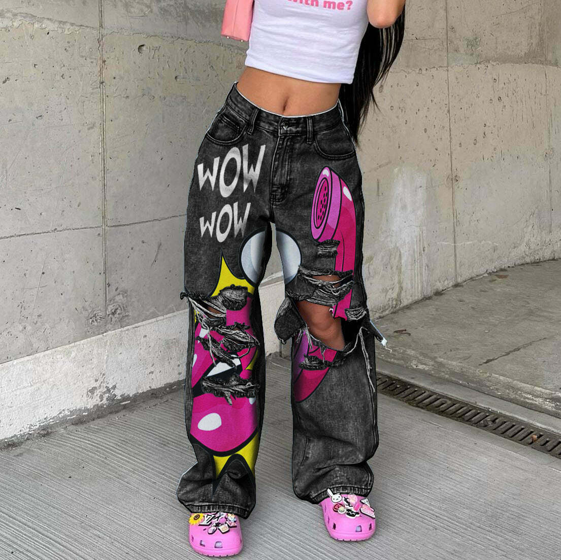 Y2K Fashion Wide Leg Jeans with Raw Edges and Holes - Coquette Aesthetic Grunge Style Cargo Skirt