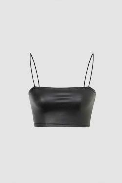 Y2K Faux Leather Crop Cami Top for Women - Coquette Aesthetic Grunge Style & Pastel Goth Vibes