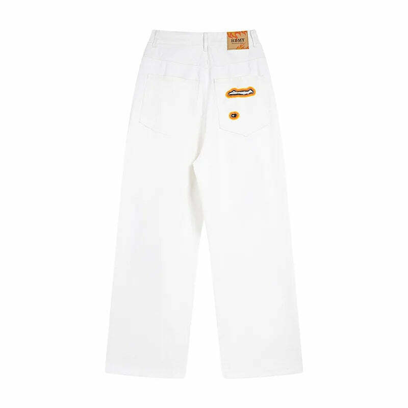 Y2K Flame Embroidered Baggy Jeans - Coquette Aesthetic Grunge Style Women's Fashion