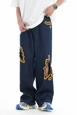 Y2K Flame Embroidered Baggy Jeans - Coquette Aesthetic Grunge Style Women's Fashion