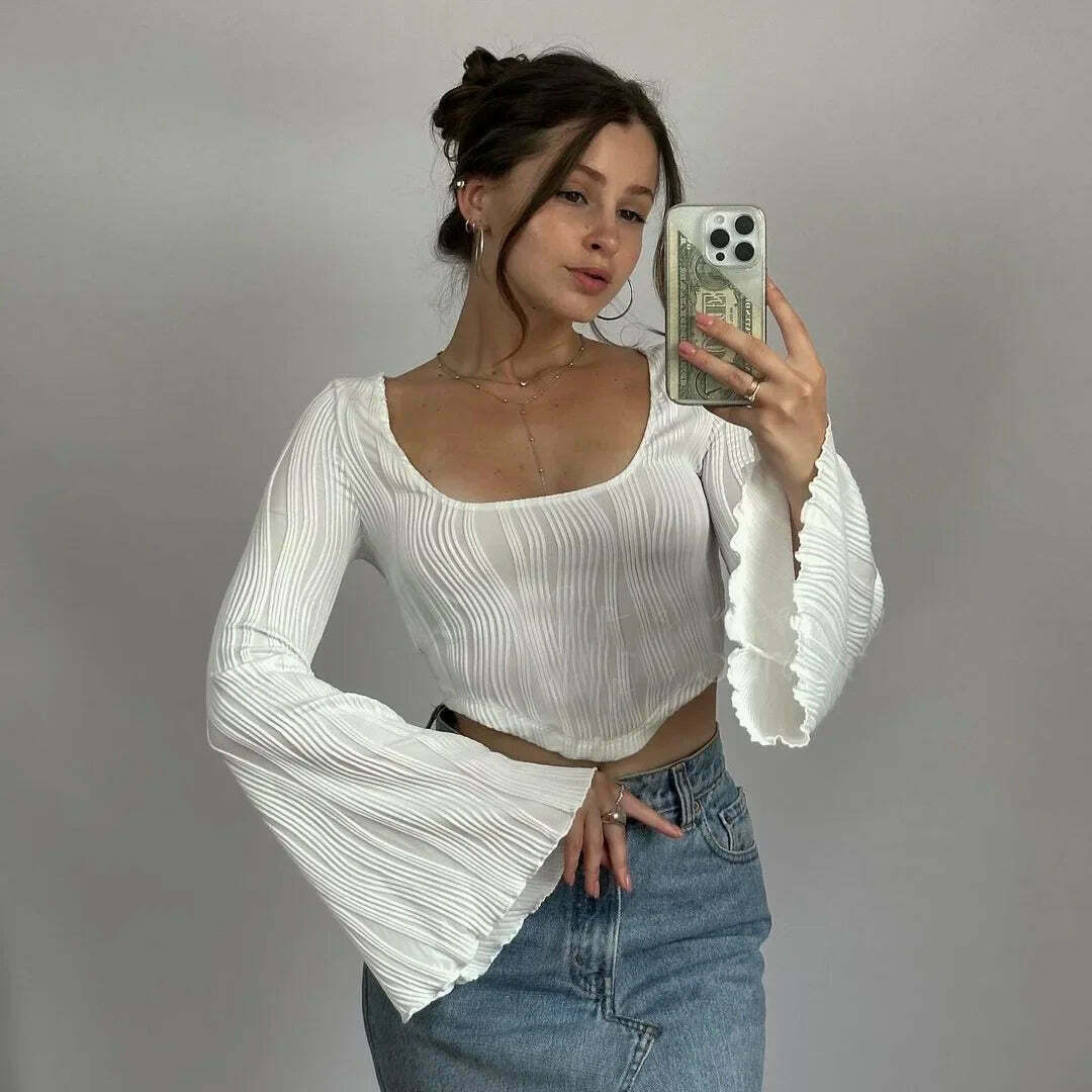 Y2K Flare Flutter Textured Crop Top - Coquette Aesthetic, Grunge Style, Cute Tops, Pastel Goth