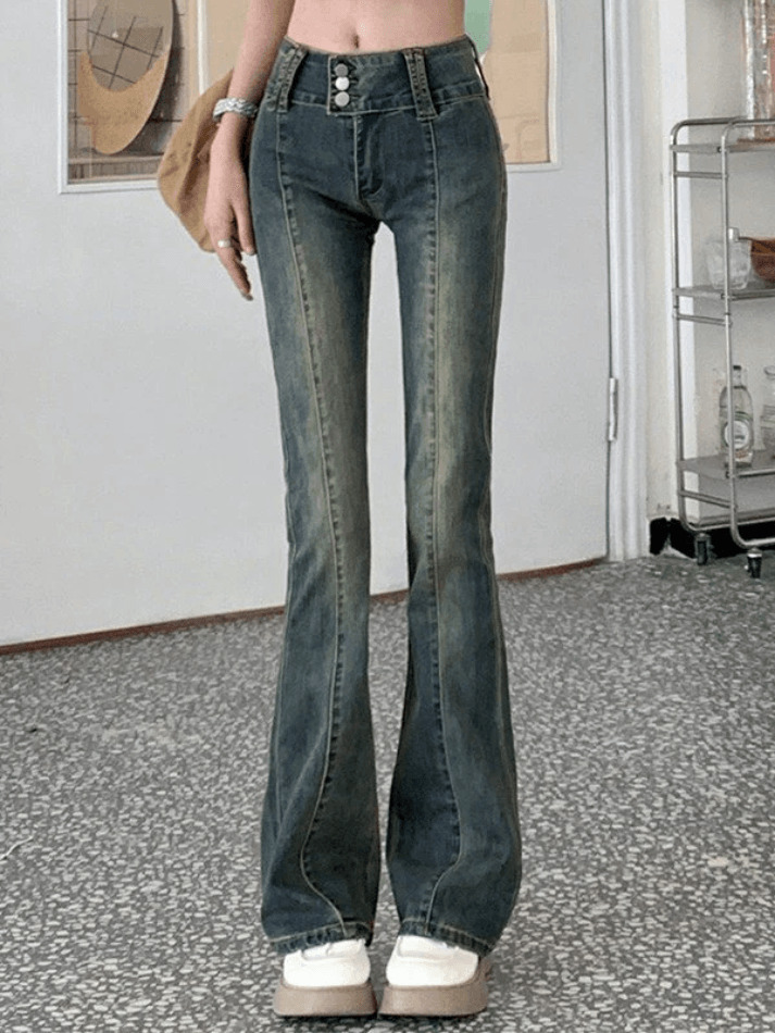 Y2K Flare Jeans in Vintage Wash - Retro Aesthetic Denim for Women