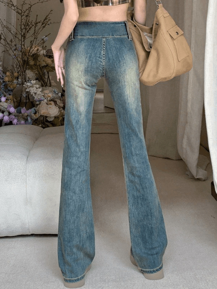 Y2K Flare Jeans in Vintage Wash - Retro Aesthetic Denim for Women