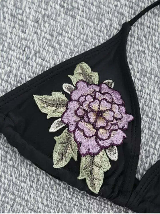 Y2K Floral Applique Halter Swimsuit - Coquette Aesthetic Beachwear