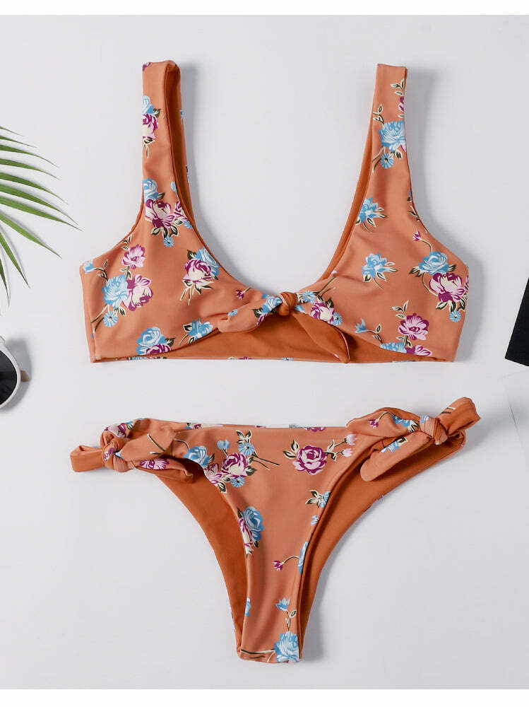 Y2K Floral Braided Bikini Set with Front Knot - Coquette Aesthetic Swimwear