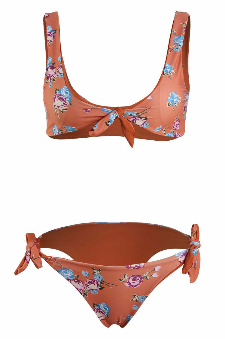 Y2K Floral Braided Bikini Set with Front Knot - Coquette Aesthetic Swimwear