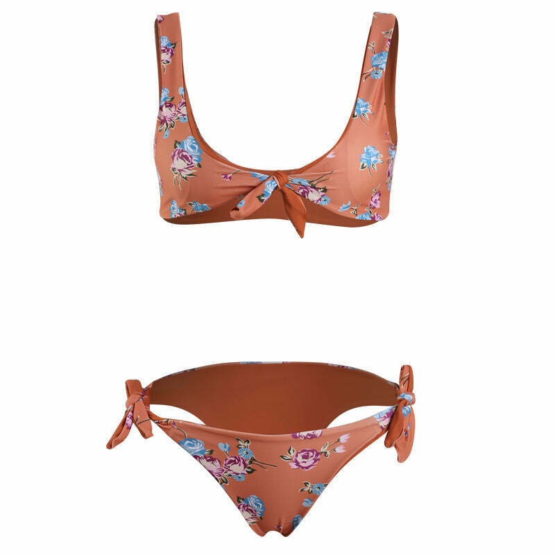 Y2K Floral Braided Bikini Set with Front Knot - Coquette Aesthetic Swimwear