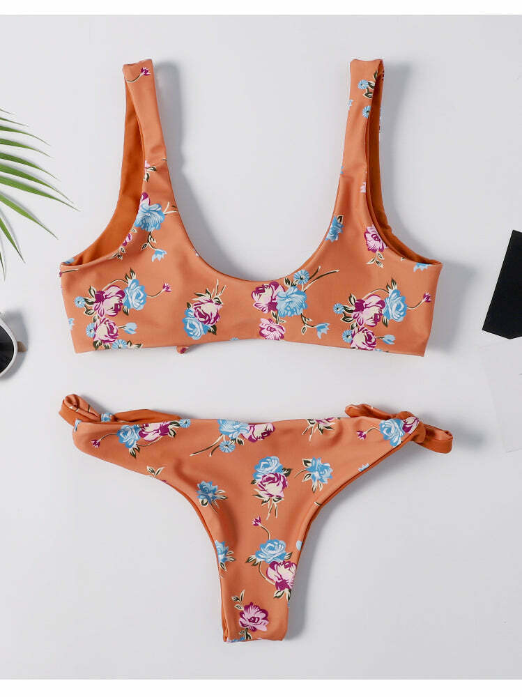 Y2K Floral Braided Bikini Set with Front Knot - Coquette Aesthetic Swimwear