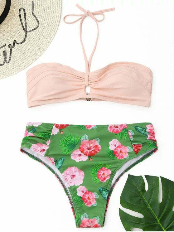 Y2K Floral Halter Bikini Set with High Cut Bottoms - Coquette Aesthetic Swimsuit