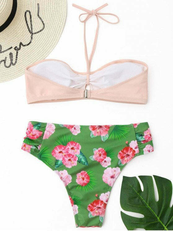 Y2K Floral Halter Bikini Set with High Cut Bottoms - Coquette Aesthetic Swimsuit