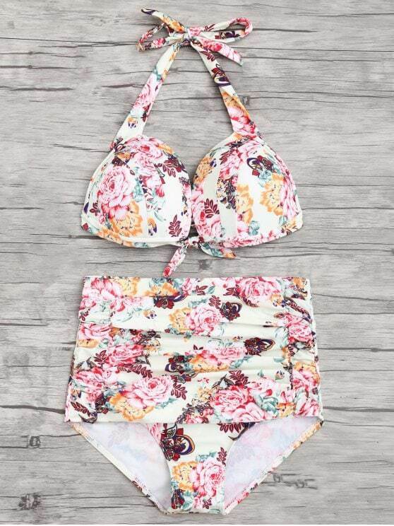 Y2K Floral Ruched High Waist Bikini Set - Trendy Women's Fashion Swimwear