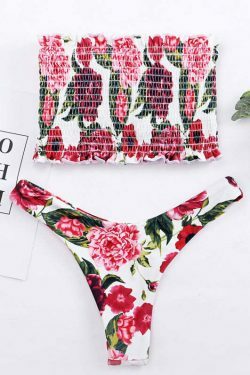 Y2K Floral Shirred Bandeau Bikini Set - Coquette Aesthetic Swimwear for Women