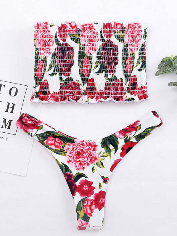 Y2K Floral Shirred Bandeau Bikini Set - Coquette Aesthetic Swimwear for Women