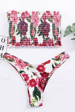 Y2K Floral Shirred Bandeau Bikini Set - Coquette Aesthetic Swimwear for Women
