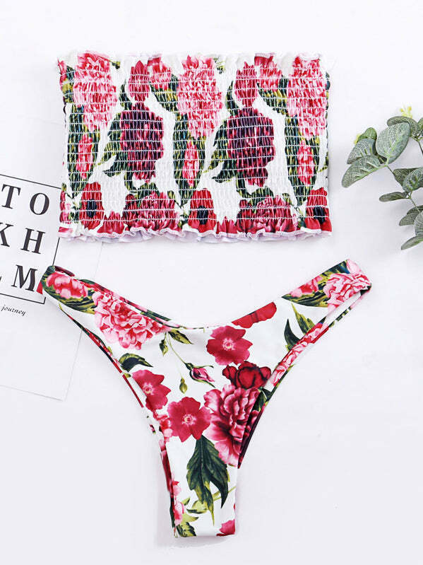 Y2K Floral Shirred Bandeau Bikini Set - Coquette Aesthetic Swimwear for Women