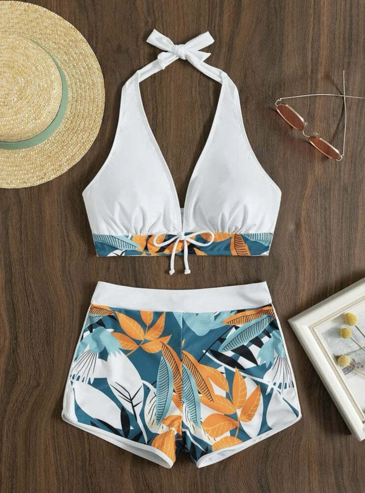 Y2K Floral Split Bikini with Boyshorts - Coquette Aesthetic Swimwear for Women