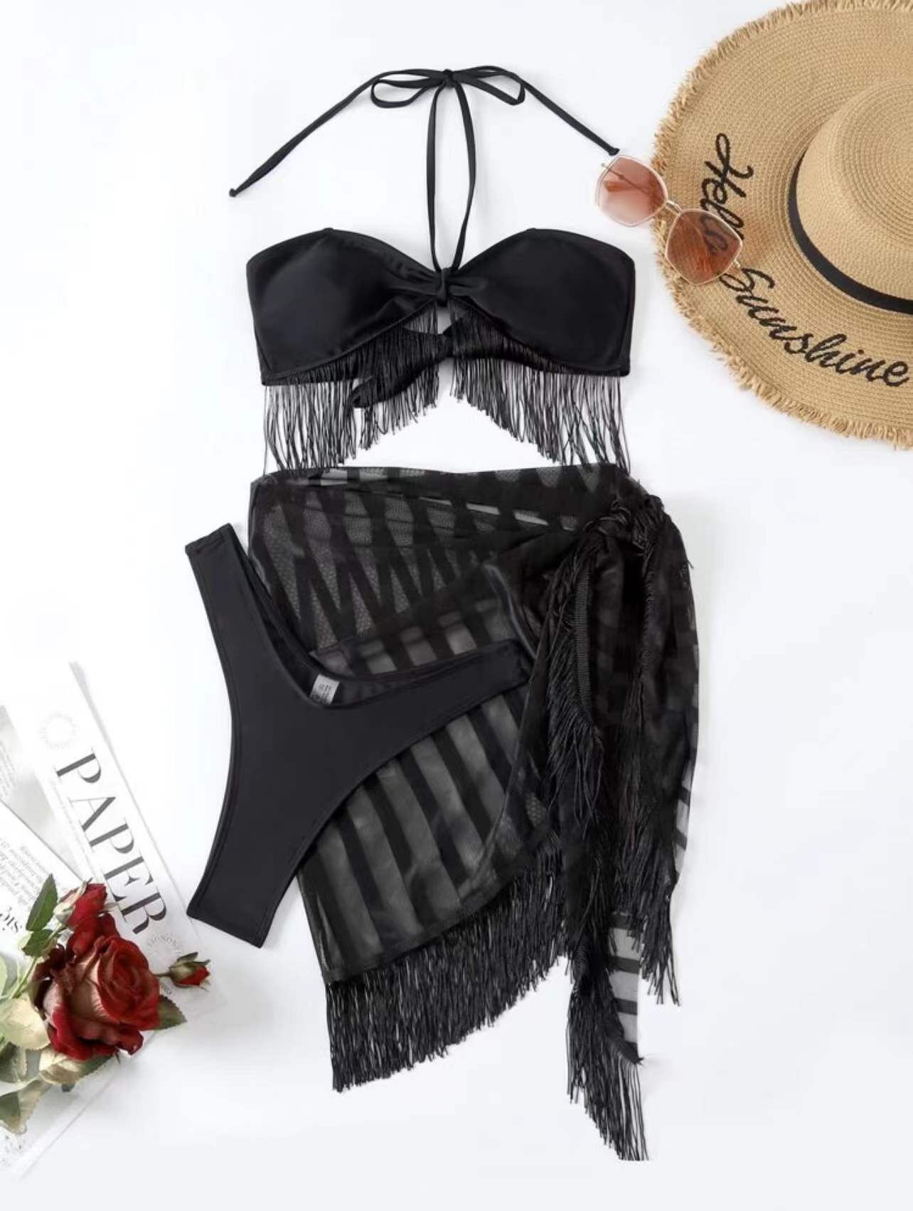 Y2K Fringe Tube Top Mesh Bikini Set - Coquette Aesthetic Swimwear