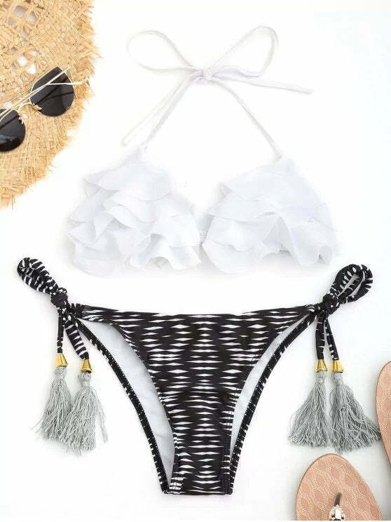 Y2K Geometric Print Ruffles Bikini Set - Coquette Aesthetic Swimwear