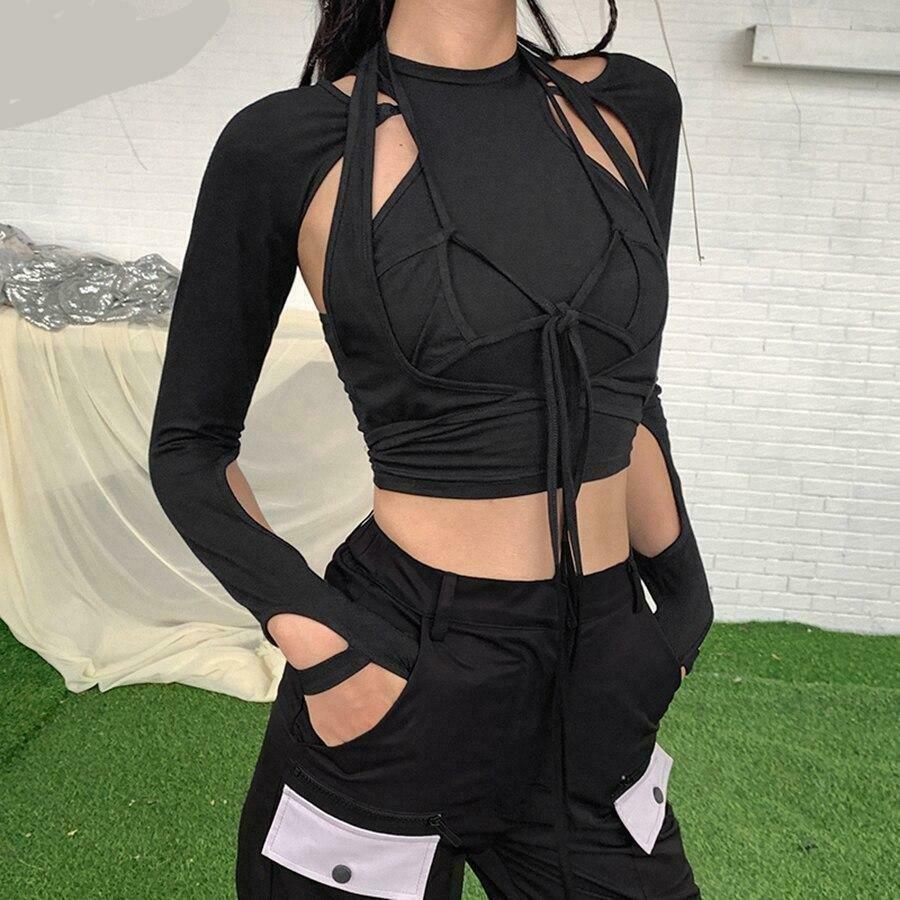 Y2K Gothic Crop Top Set: Punk Rock Aesthetic Shirt for Women - Coquette Style, Grunge Fashion
