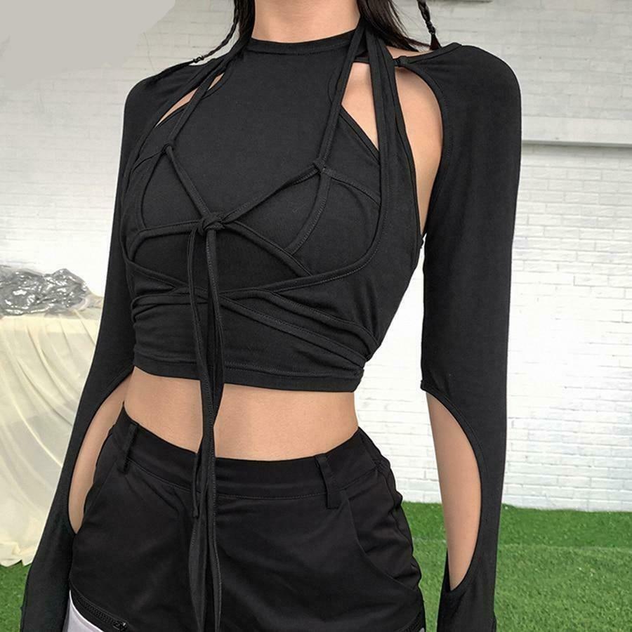 Y2K Gothic Crop Top Set: Punk Rock Aesthetic Shirt for Women - Coquette Style, Grunge Fashion