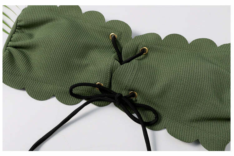 Y2K Green Bandeau Bikini Set with Lace-Up Detail - Coquette Aesthetic Swimwear for Women
