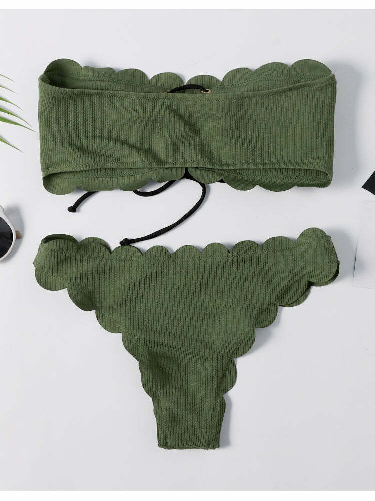 Y2K Green Bandeau Bikini Set with Lace-Up Detail - Coquette Aesthetic Swimwear for Women