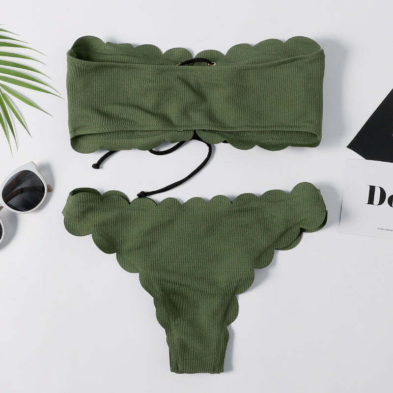 Y2K Green Bandeau Bikini Set with Lace-Up Detail - Coquette Aesthetic Swimwear for Women