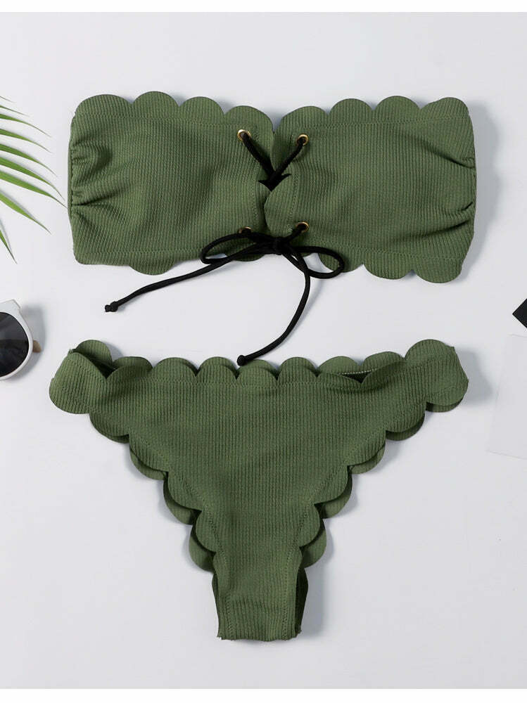 Y2K Green Bandeau Bikini Set with Lace-Up Detail - Coquette Aesthetic Swimwear for Women