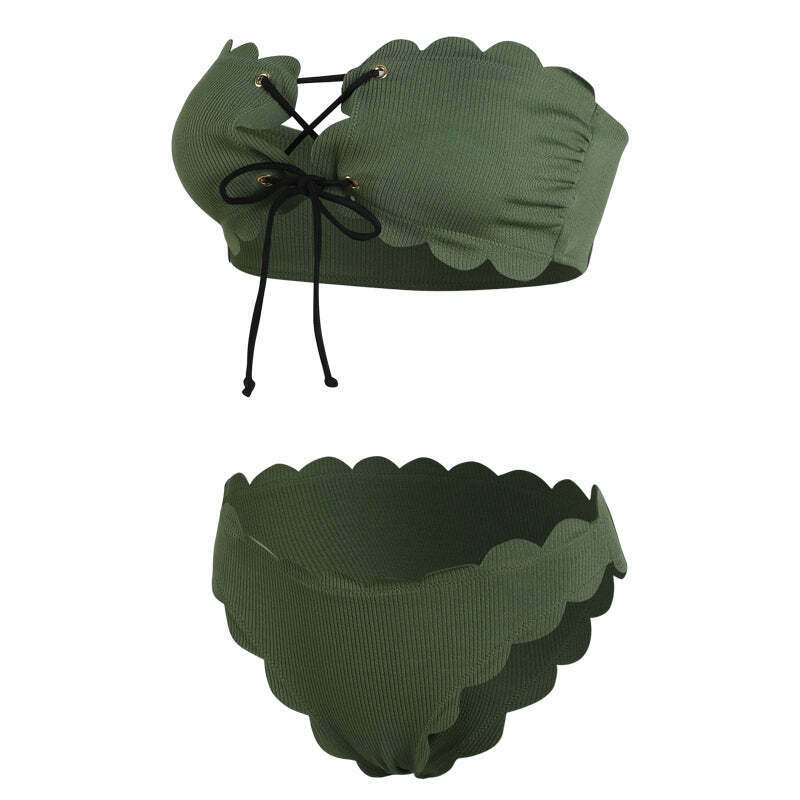 Y2K Green Bandeau Bikini Set with Lace-Up Detail - Coquette Aesthetic Swimwear for Women