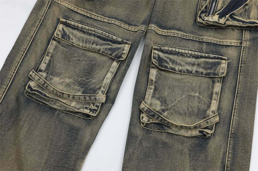 Y2K Grunge Style Dirty Wash Cargo Jeans with Multiple Pockets