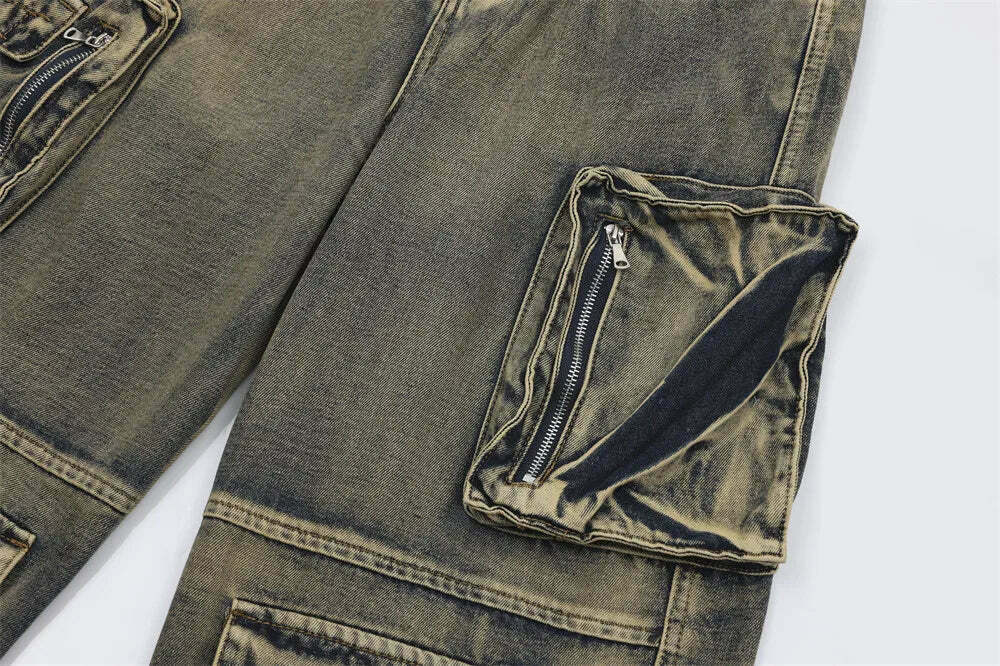 Y2K Grunge Style Dirty Wash Cargo Jeans with Multiple Pockets