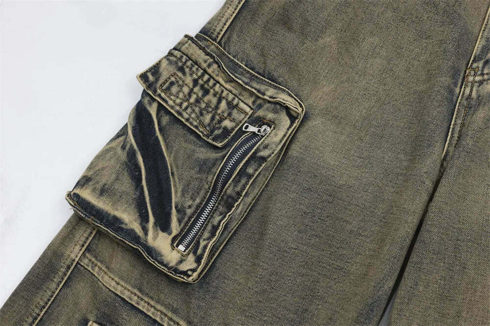Y2K Grunge Style Dirty Wash Cargo Jeans with Multiple Pockets