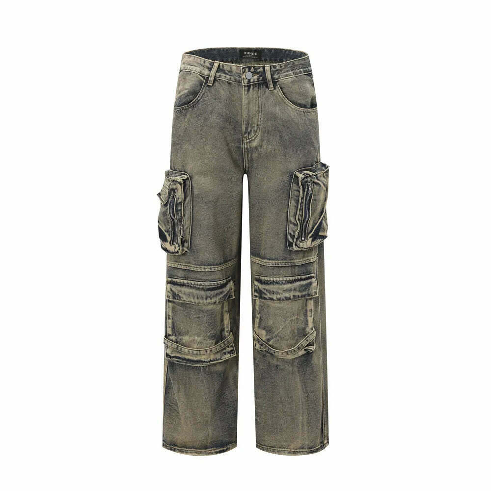 Y2K Grunge Style Dirty Wash Cargo Jeans with Multiple Pockets