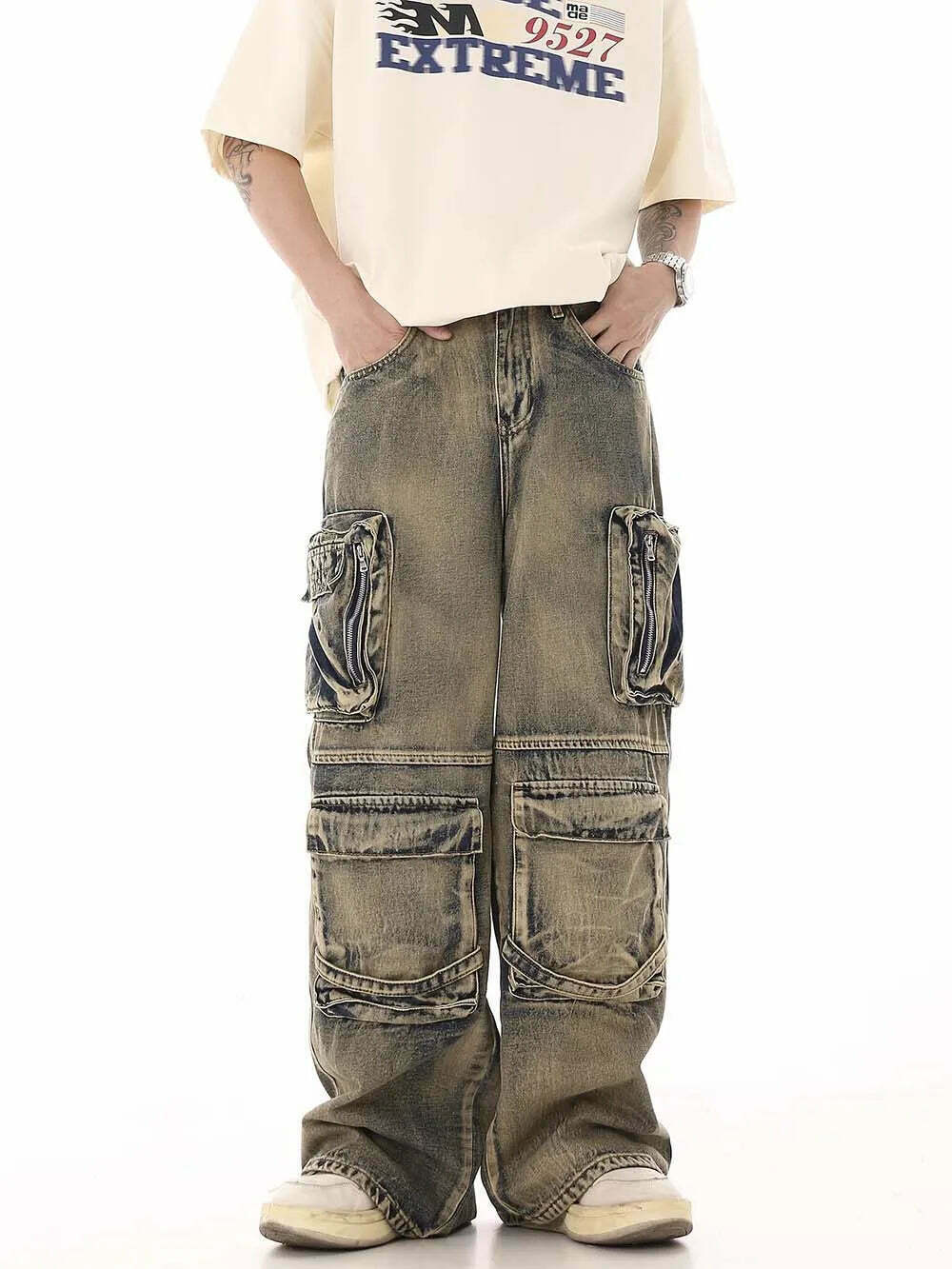Y2K Grunge Style Dirty Wash Cargo Jeans with Multiple Pockets