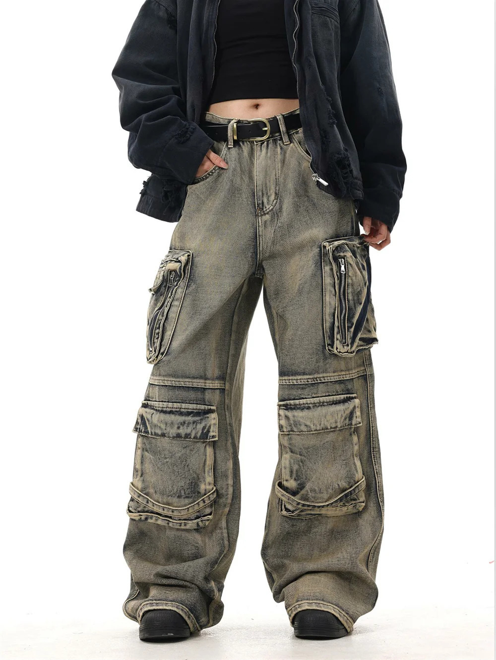 Y2K Grunge Style Dirty Wash Cargo Jeans with Multiple Pockets
