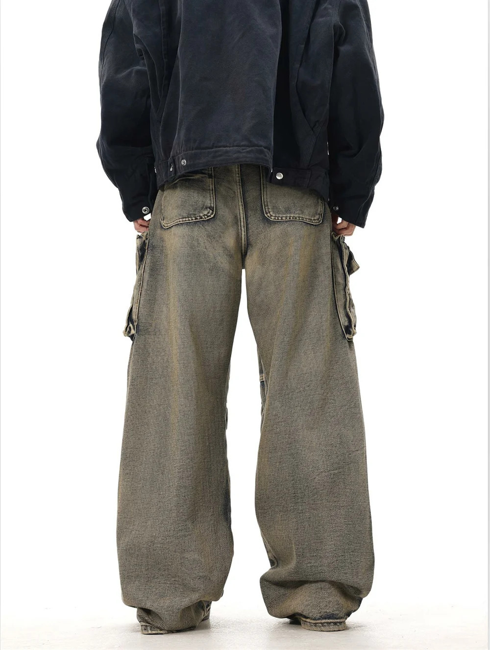 Y2K Grunge Style Dirty Wash Cargo Jeans with Multiple Pockets