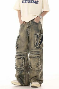Y2K Grunge Style Dirty Wash Cargo Jeans with Multiple Pockets