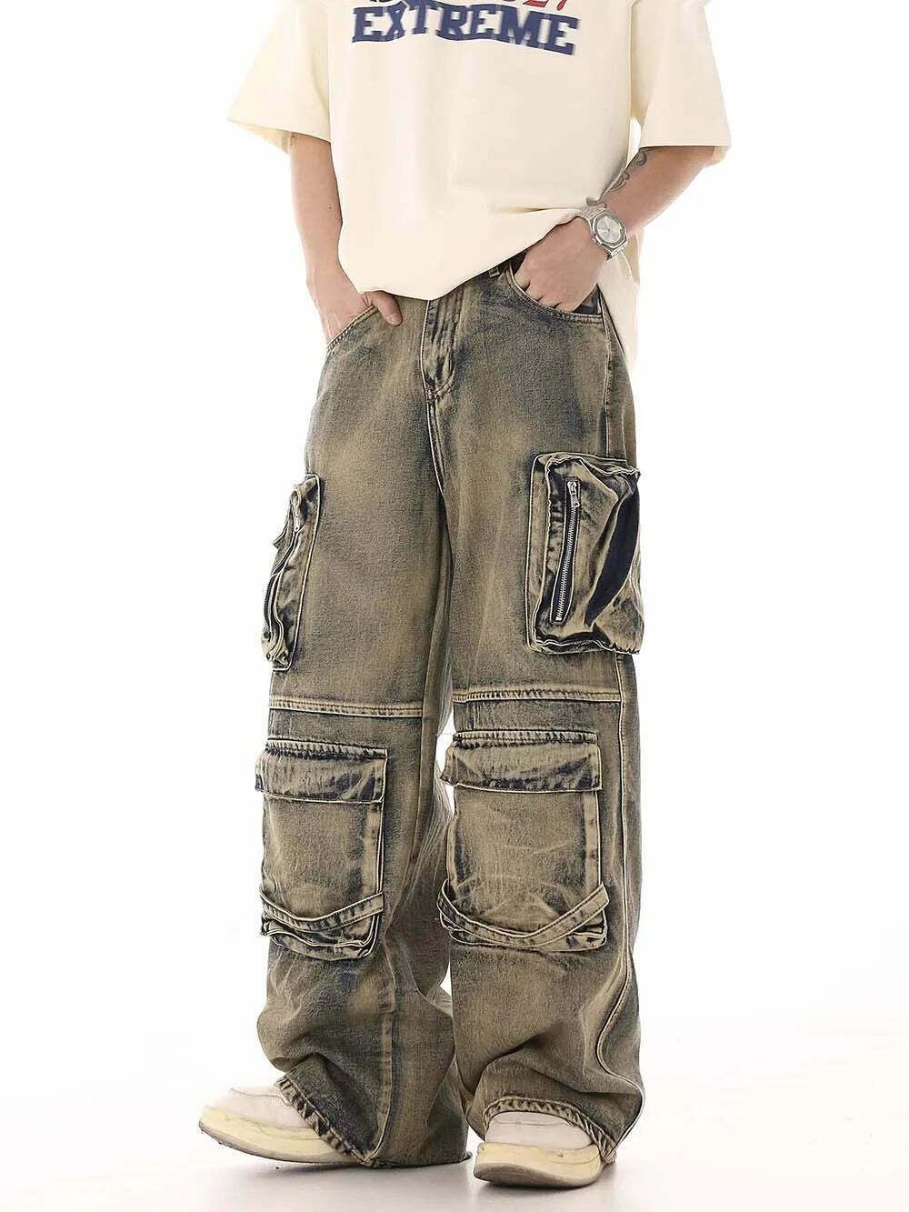 Y2K Grunge Style Dirty Wash Cargo Jeans with Multiple Pockets