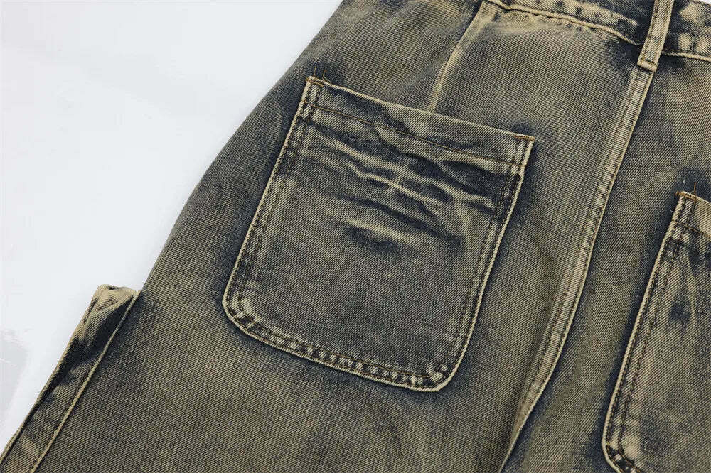 Y2K Grunge Style Dirty Wash Cargo Jeans with Multiple Pockets
