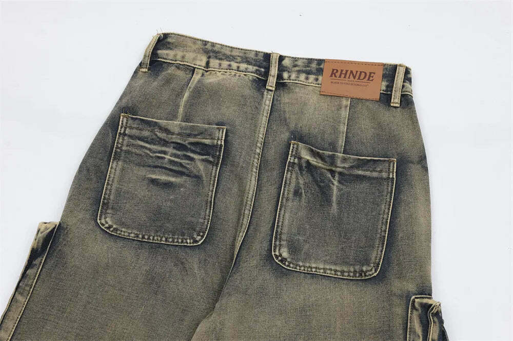 Y2K Grunge Style Dirty Wash Cargo Jeans with Multiple Pockets